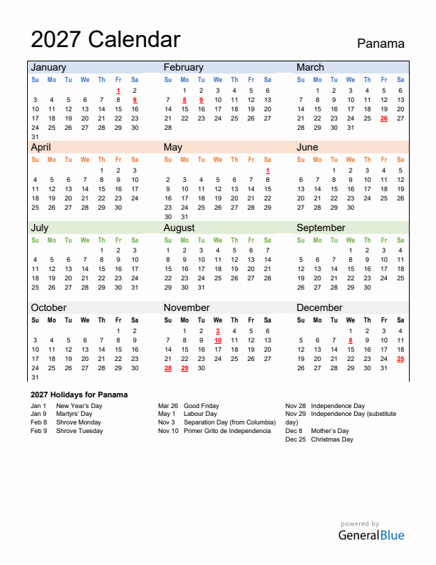 Calendar 2027 with Panama Holidays
