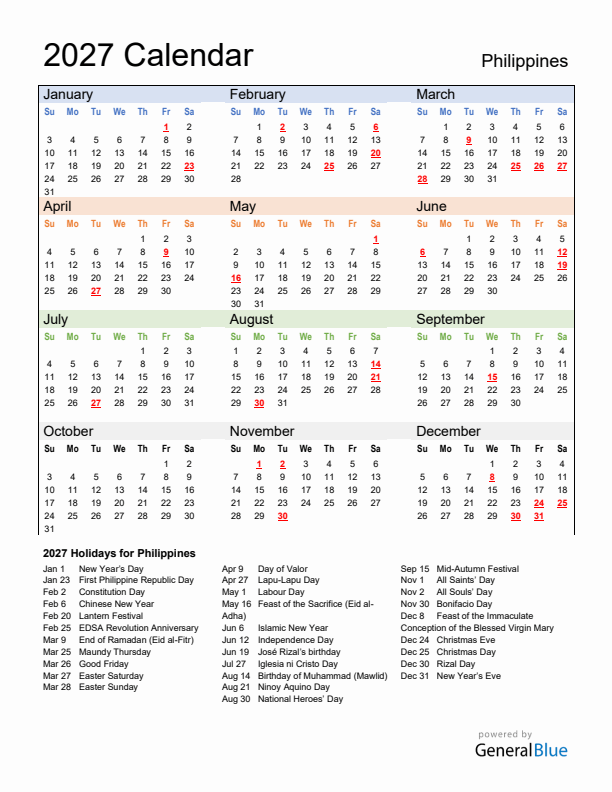 Calendar 2027 with Philippines Holidays