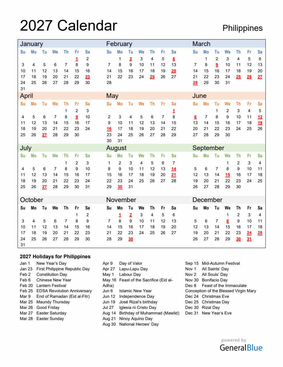 Annual Calendar 2027 with Philippines Holidays