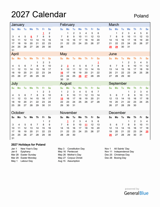 Calendar 2027 with Poland Holidays