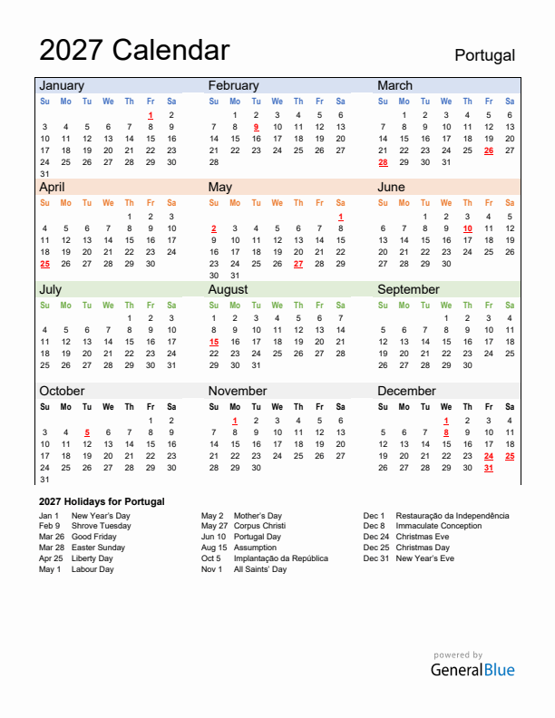 Calendar 2027 with Portugal Holidays