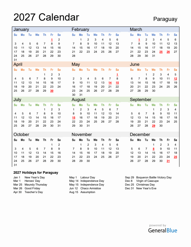 Calendar 2027 with Paraguay Holidays