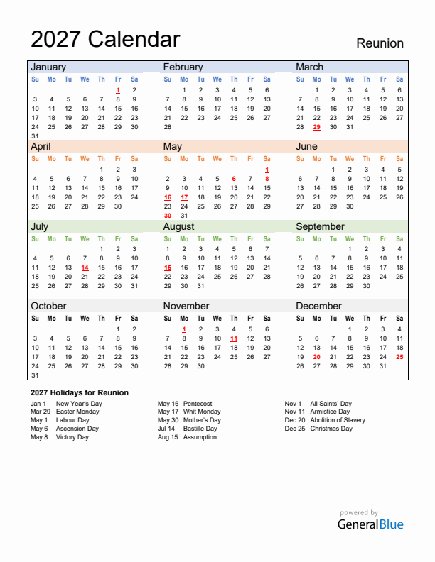 Calendar 2027 with Reunion Holidays
