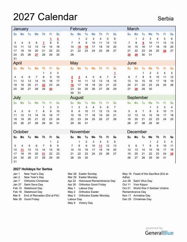 2027 Serbia Calendar with Holidays