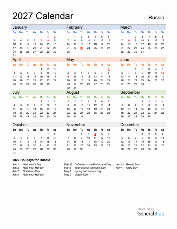 Calendar 2027 with Russia Holidays