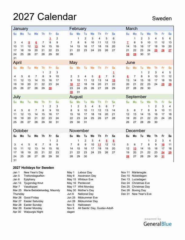 Calendar 2027 with Sweden Holidays