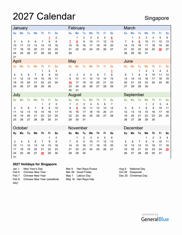 Calendar 2027 with Singapore Holidays
