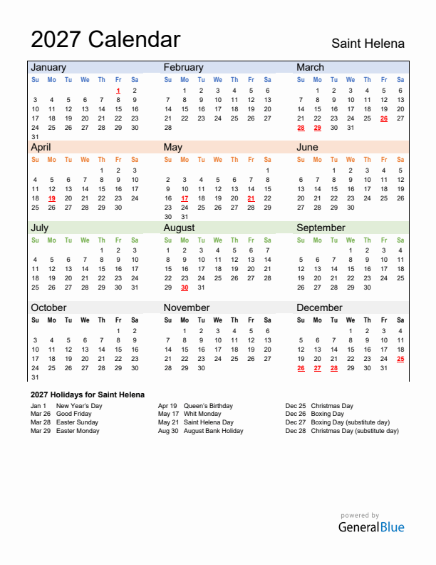 Calendar 2027 with Saint Helena Holidays