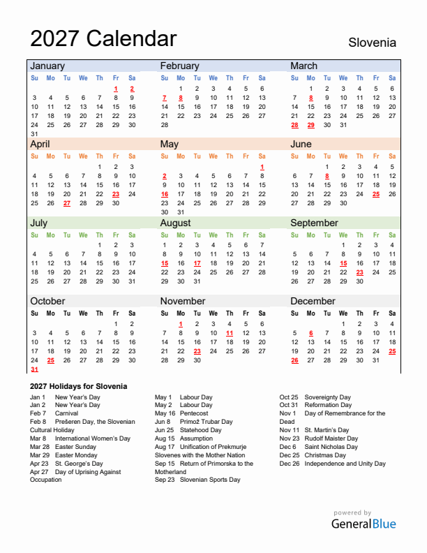 Calendar 2027 with Slovenia Holidays