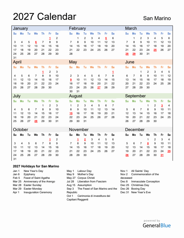 Calendar 2027 with San Marino Holidays