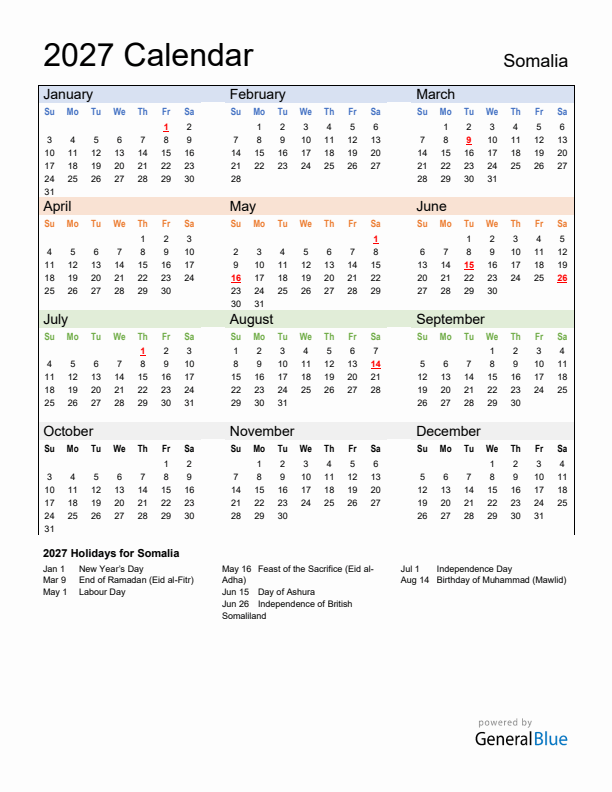 Calendar 2027 with Somalia Holidays