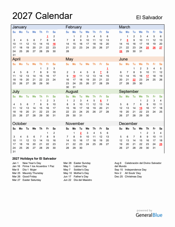 Calendar 2027 with El Salvador Holidays
