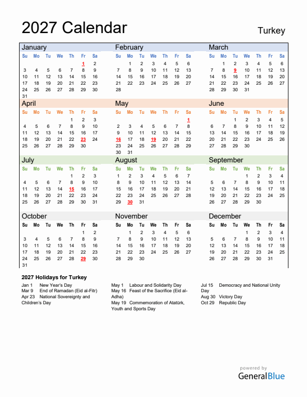 Calendar 2027 with Turkey Holidays