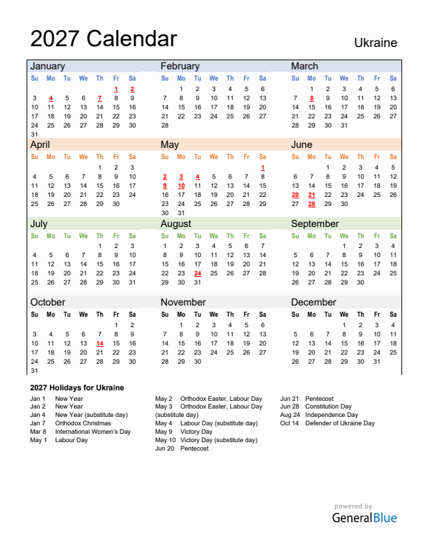 Calendar 2027 with Ukraine Holidays
