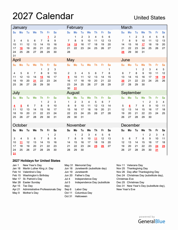 Calendar 2027 with United States Holidays