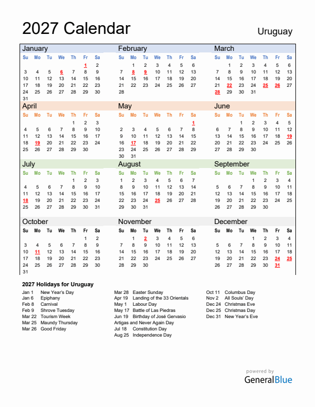 Calendar 2027 with Uruguay Holidays