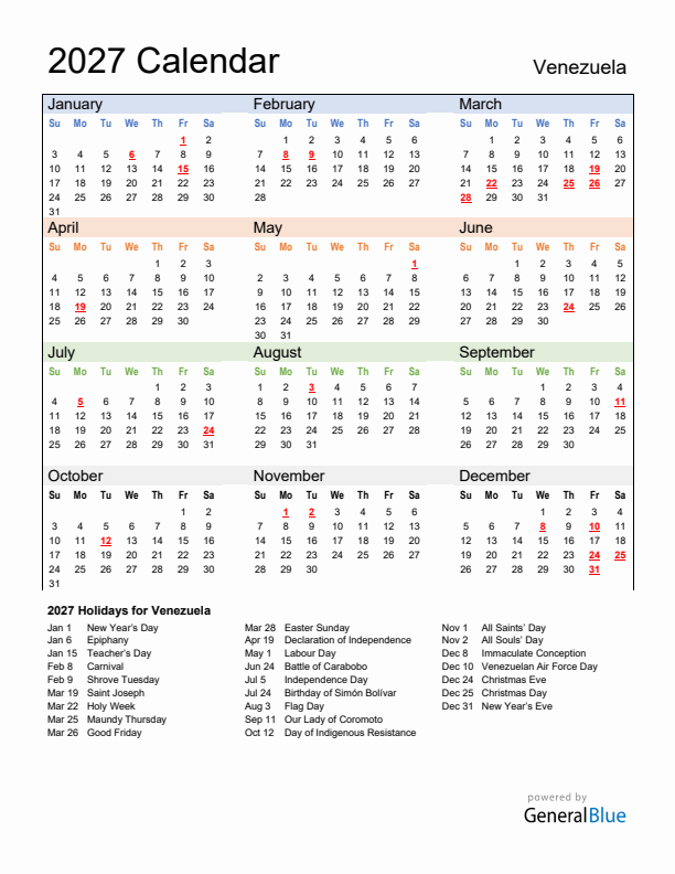 Calendar 2027 with Venezuela Holidays