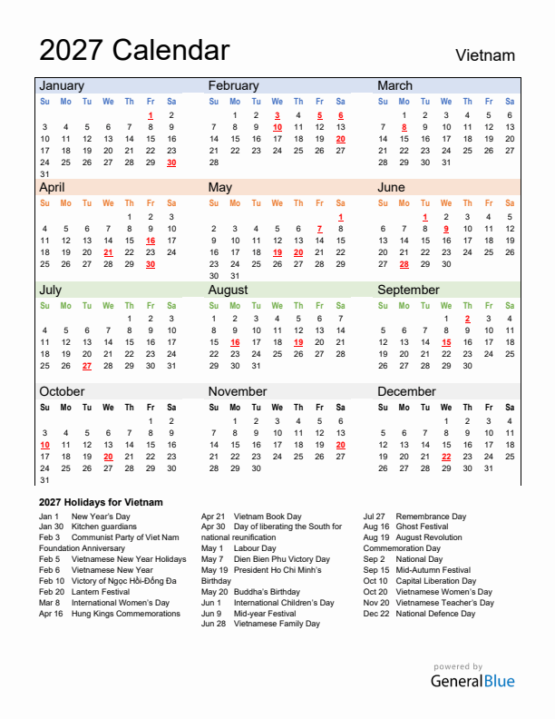 Calendar 2027 with Vietnam Holidays
