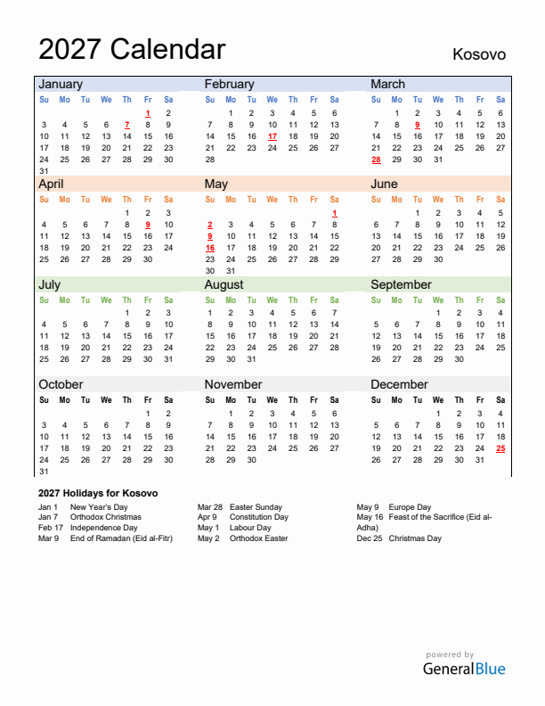 Calendar 2027 with Kosovo Holidays
