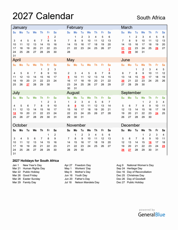 Calendar 2027 with South Africa Holidays