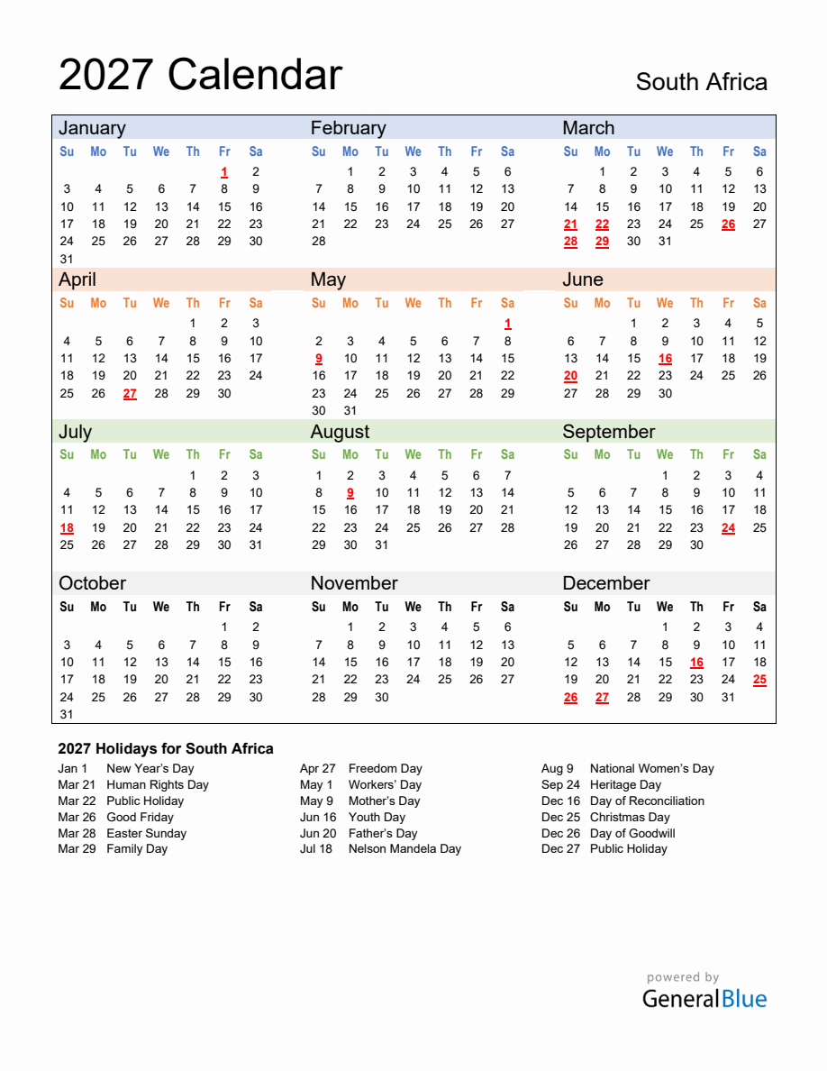 Annual Calendar 2027 with South Africa Holidays