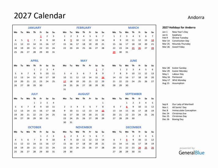 2027 Calendar with Holidays for Andorra