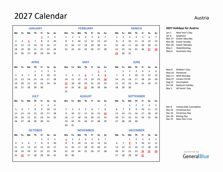 2027 Calendar with Holidays for Austria