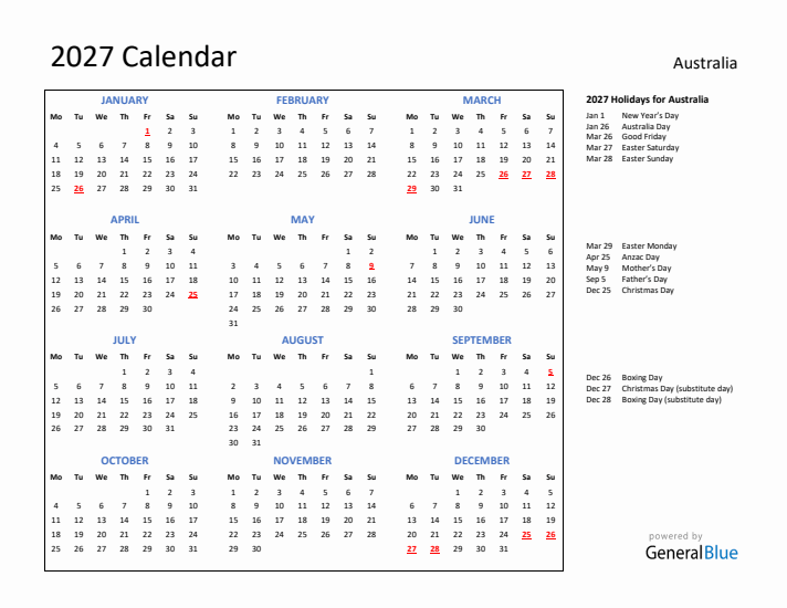 2027 Calendar with Holidays for Australia