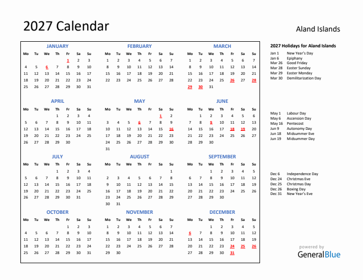 2027 Calendar with Holidays for Aland Islands