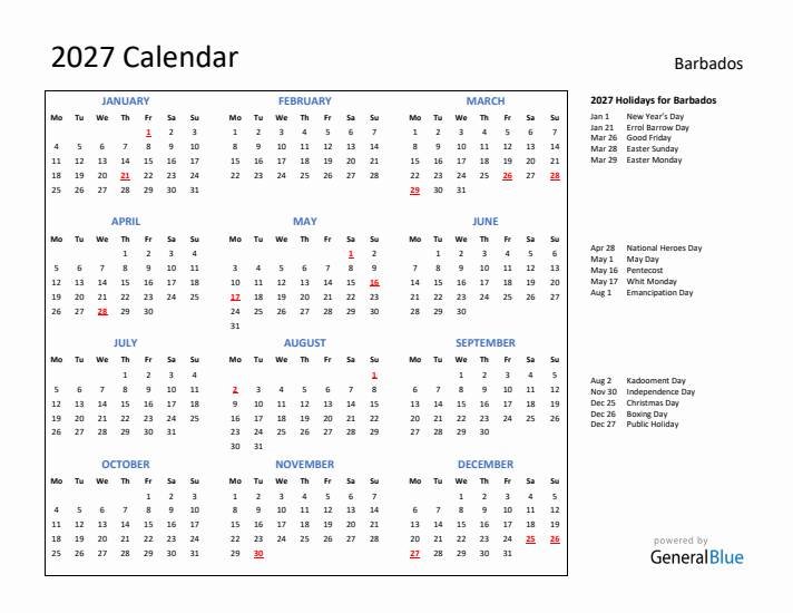 2027 Calendar with Holidays for Barbados