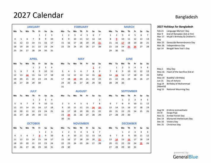 2027 Calendar with Holidays for Bangladesh