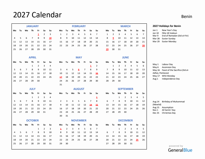 2027 Calendar with Holidays for Benin