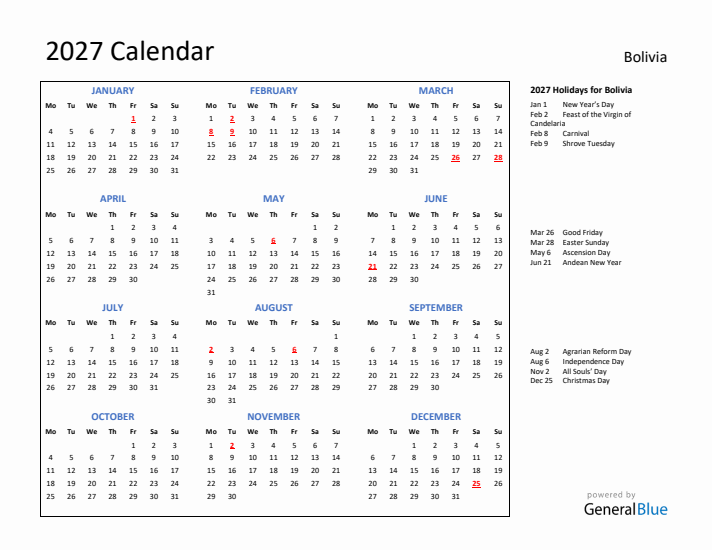 2027 Calendar with Holidays for Bolivia