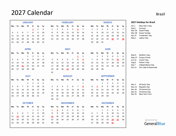 2027 Calendar with Holidays for Brazil