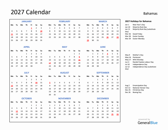 2027 Calendar with Holidays for Bahamas