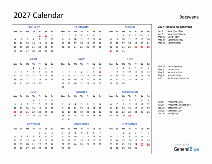 2027 Calendar with Holidays for Botswana