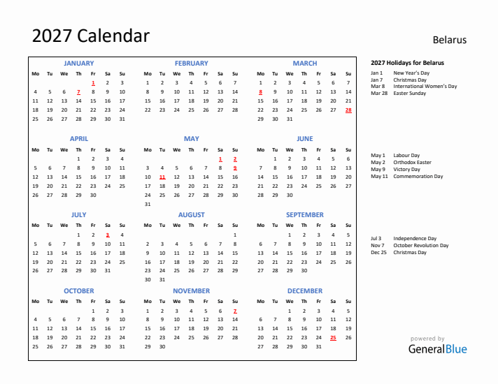 2027 Calendar with Holidays for Belarus