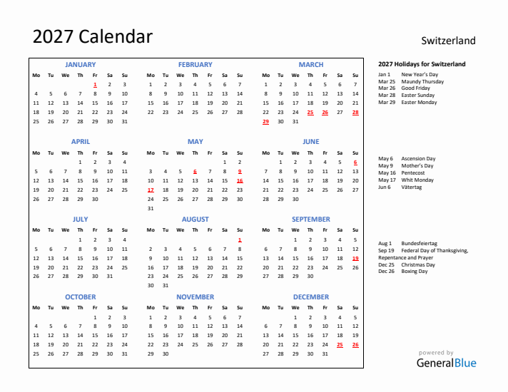2027 Calendar with Holidays for Switzerland