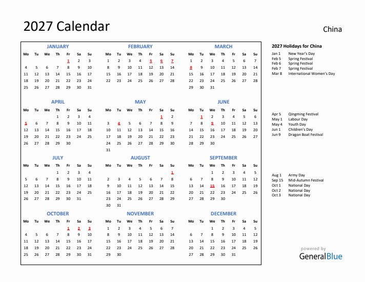 2027 Calendar with Holidays for China