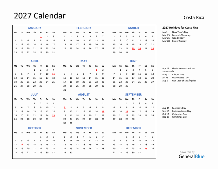 2027 Calendar with Holidays for Costa Rica