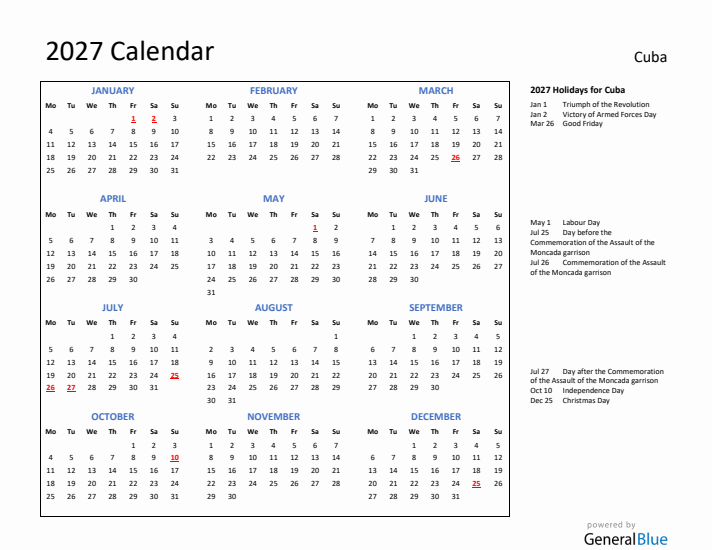 2027 Calendar with Holidays for Cuba
