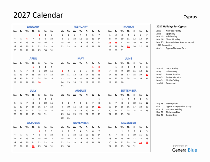 2027 Calendar with Holidays for Cyprus