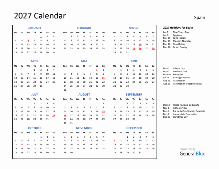 2027 Calendar with Holidays for Spain