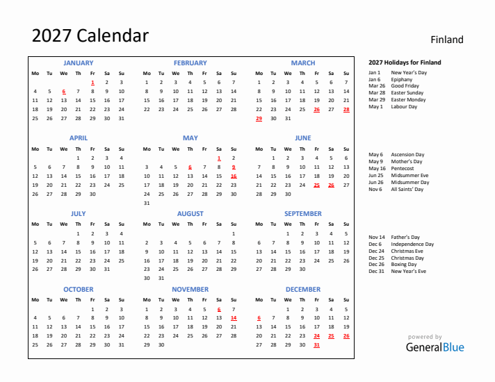 2027 Calendar with Holidays for Finland