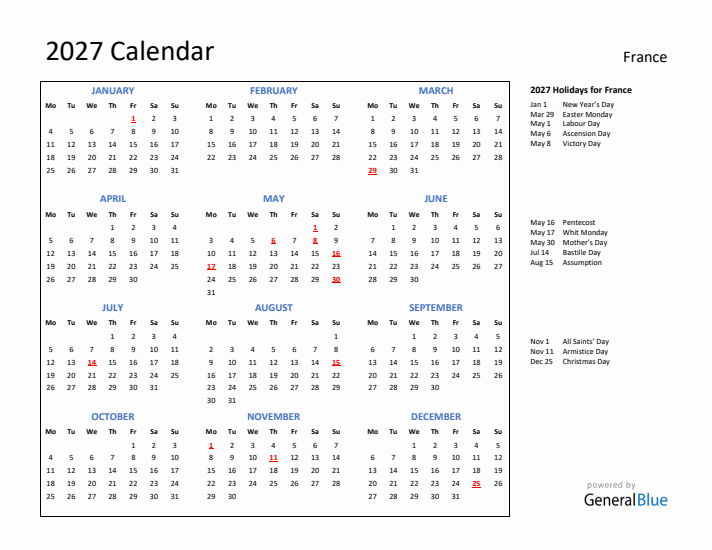 2027 Calendar with Holidays for France