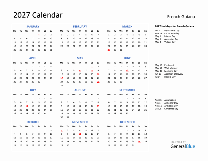 2027 Calendar with Holidays for French Guiana
