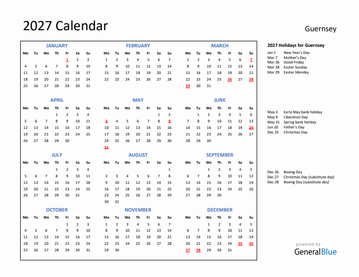 2027 Calendar with Holidays for Guernsey
