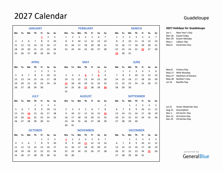2027 Calendar with Holidays for Guadeloupe