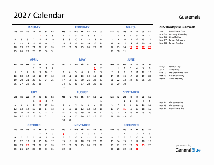 2027 Calendar with Holidays for Guatemala