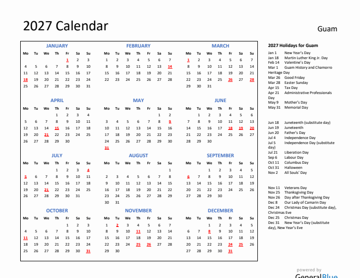 2027 Calendar with Holidays for Guam